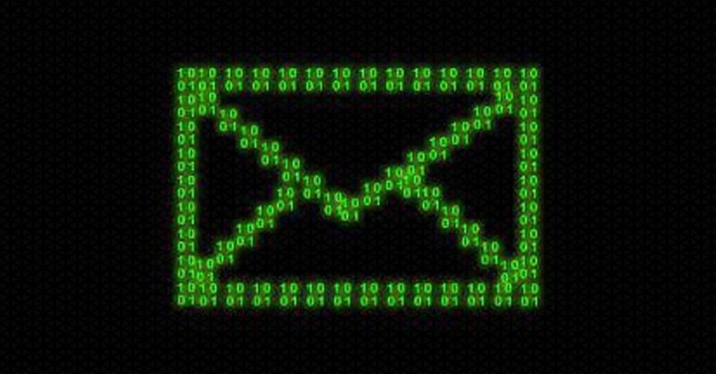 Terminal green binary code in the shape of a piece of mail