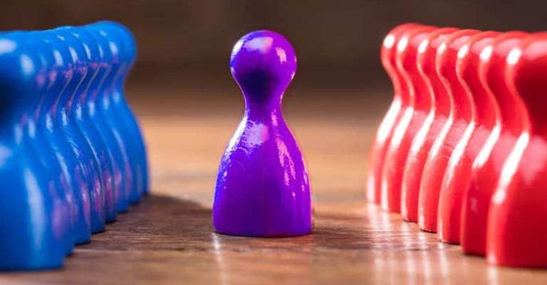 Purple board game piece between a line of blue pieces and a line of red pieces