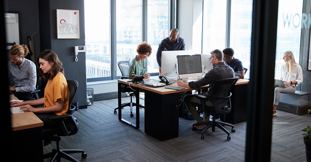 A modern open-plan office with large floor-to-ceiling windows and a group of diverse young professionals working collaboratively. Several people are seated at desks using desktop computers, while others are engaged in conversation or using laptops. The space is well-lit with natural light and features minimalist décor, ergonomic chairs, and carpeted flooring.