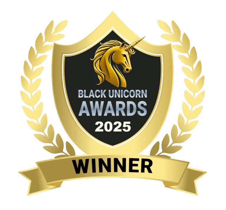 Gold and black Black Unicorn Awards 2025 winner badge featuring a golden unicorn emblem and laurel wreath
