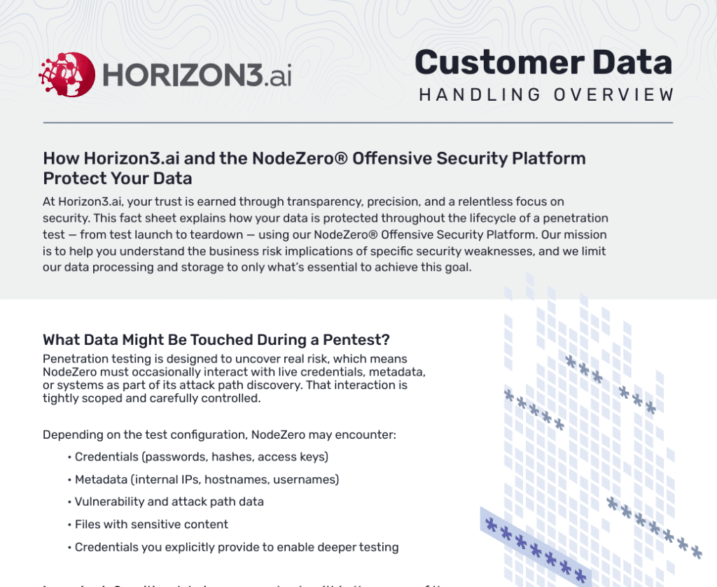 Factsheet cover explaining how the NodeZero Offensive Security Platform securely handles customer data during pentests