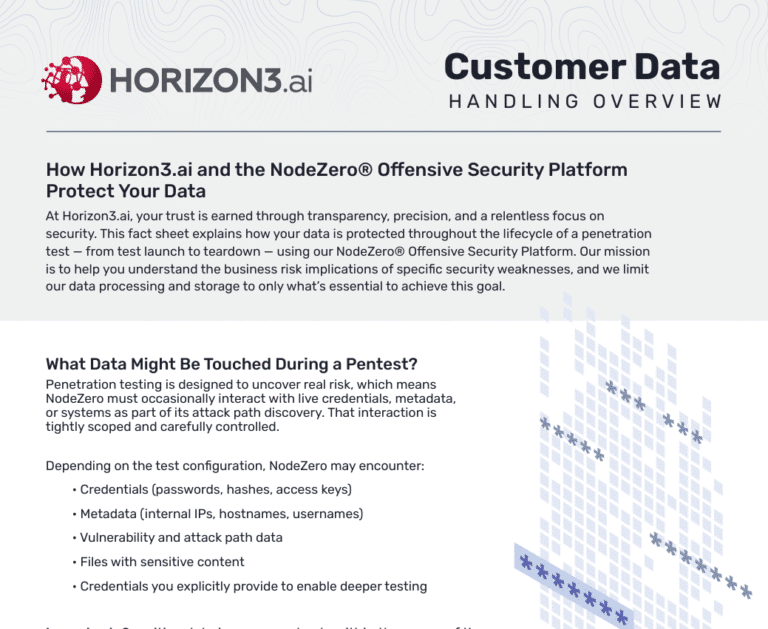 Factsheet cover explaining how the NodeZero Offensive Security Platform securely handles customer data during pentests
