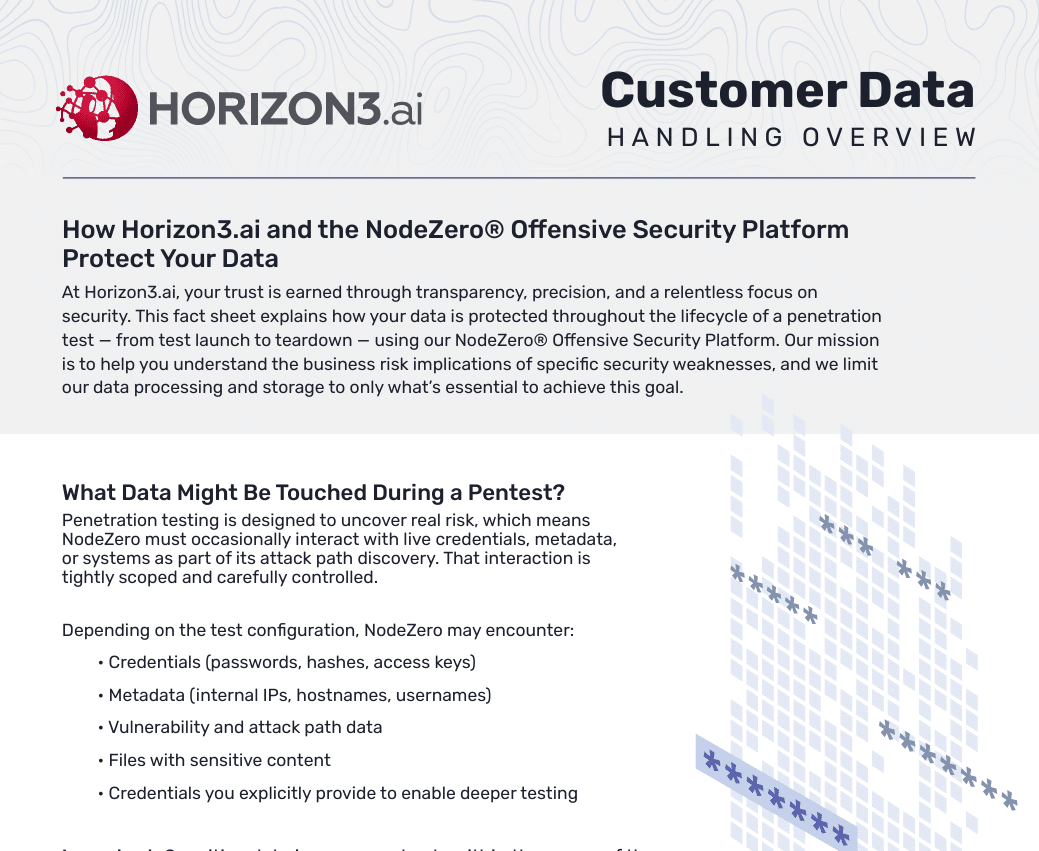Factsheet cover explaining how the NodeZero Offensive Security Platform securely handles customer data during pentests