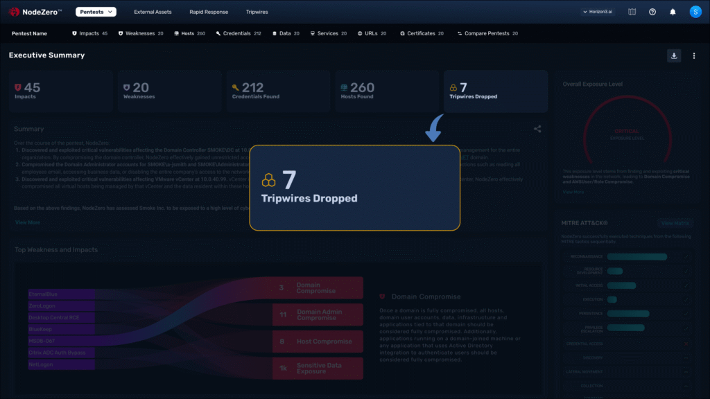 NodeZero dashboard showing magnified view of tripwire detections and attacker activity across Active Directory