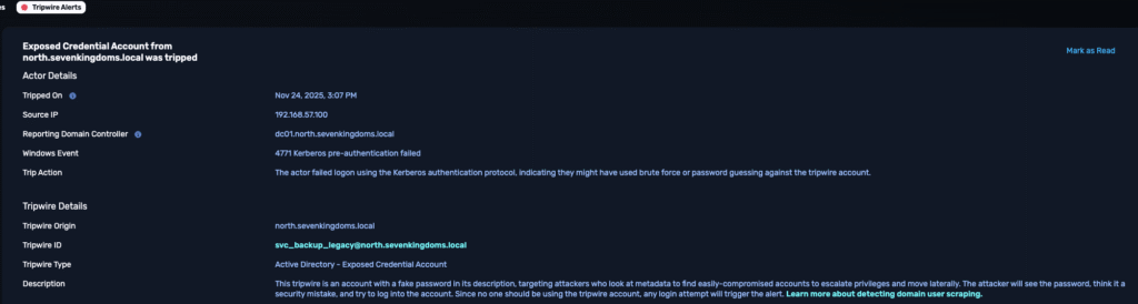 AD Tripwires alert dashboard showing exposed-credentials tripwire trip with source host, timestamp, and response guidance.