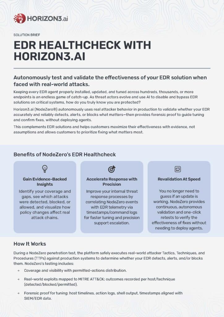 EDR Effectiveness Validation solution brief PDF cover from Horizon3.ai