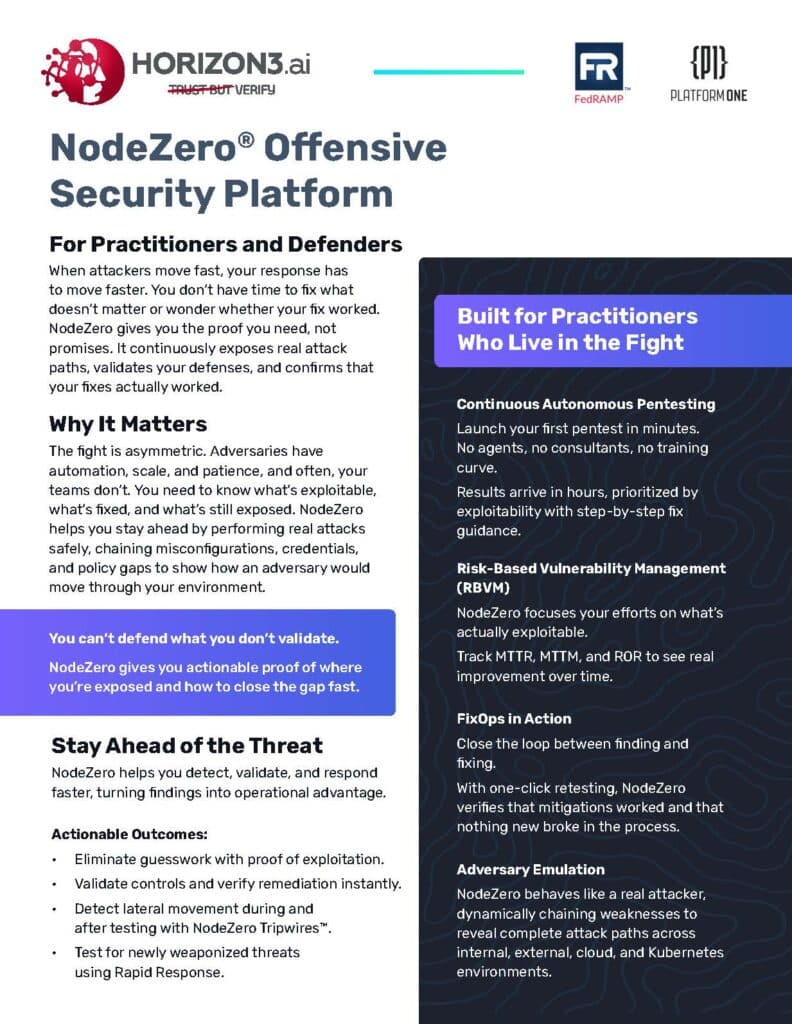 Document outlining the NodeZero® Offensive Security Platform, highlighting its features, benefits, and actionable outcomes for cybersecurity practitioners.