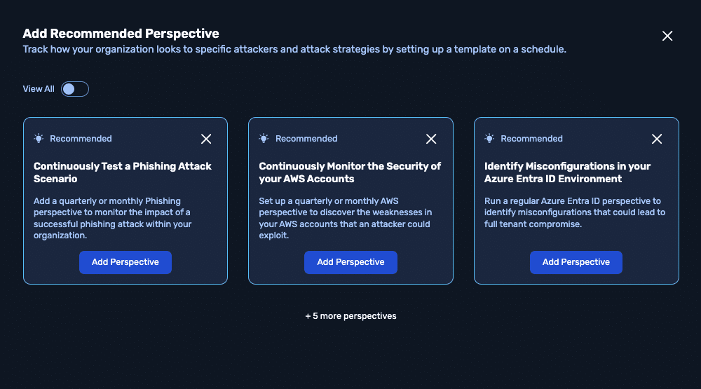 NodeZero recommendations panel showing suggested Perspectives aligned to real attacker scenarios