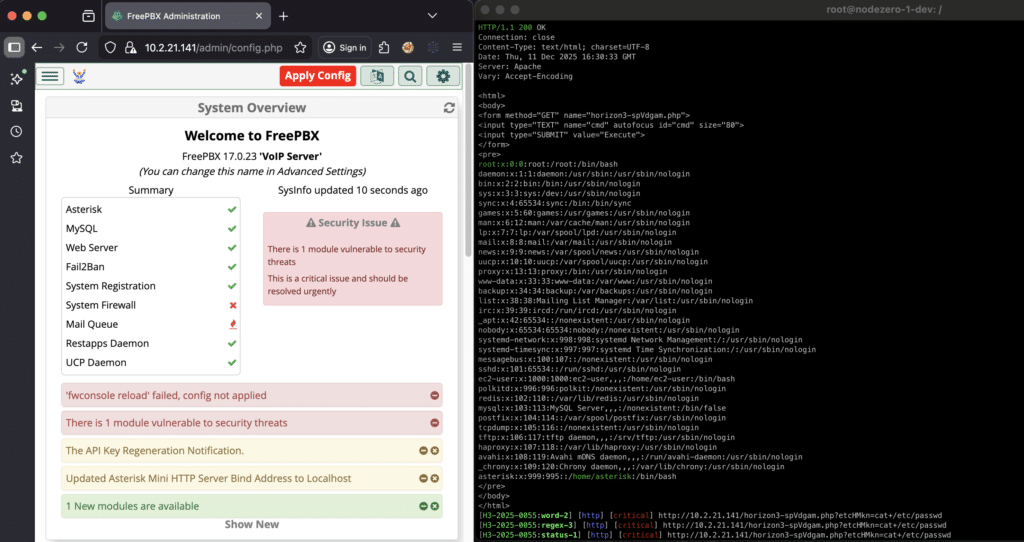 Visual header graphic representing FreePBX security vulnerabilities, including authentication bypass, SQL injection, and remote code execution risks.