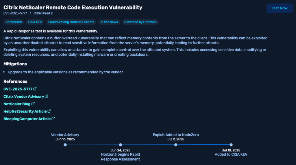 NodeZero Rapid Response overview showing details of the Citrix NetScaler CVE-2025-5777 remote code execution vulnerability