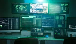 Security monitoring control room with multiple screens displaying surveillance feeds representing digital threat monitoring and cyber visibility