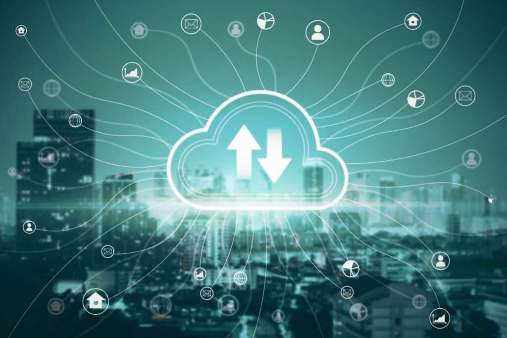 Cybersecurity network visualization showing connected systems and threat monitoring across an external attack surface