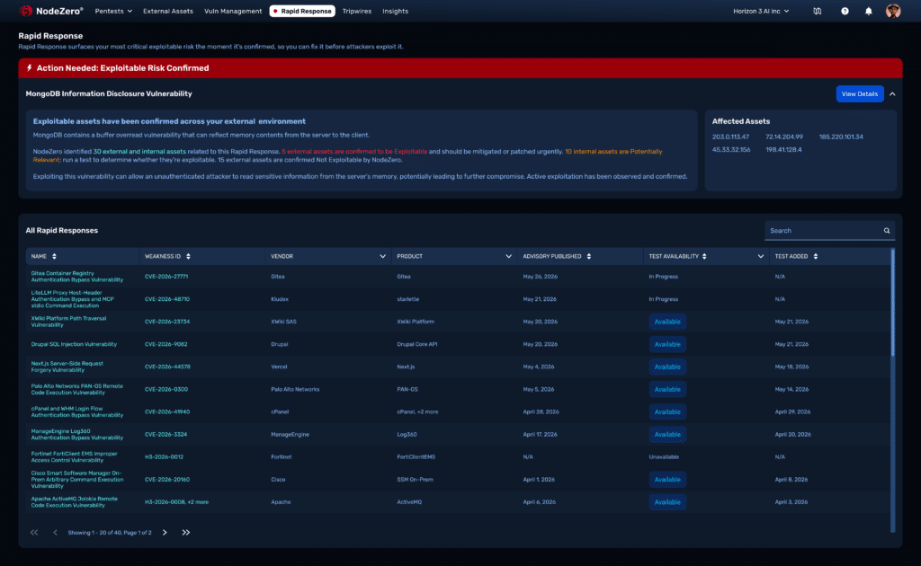 NodeZero Rapid Response dashboard showing confirmed exploitable assets, vulnerability validation results, and emerging threat prioritization