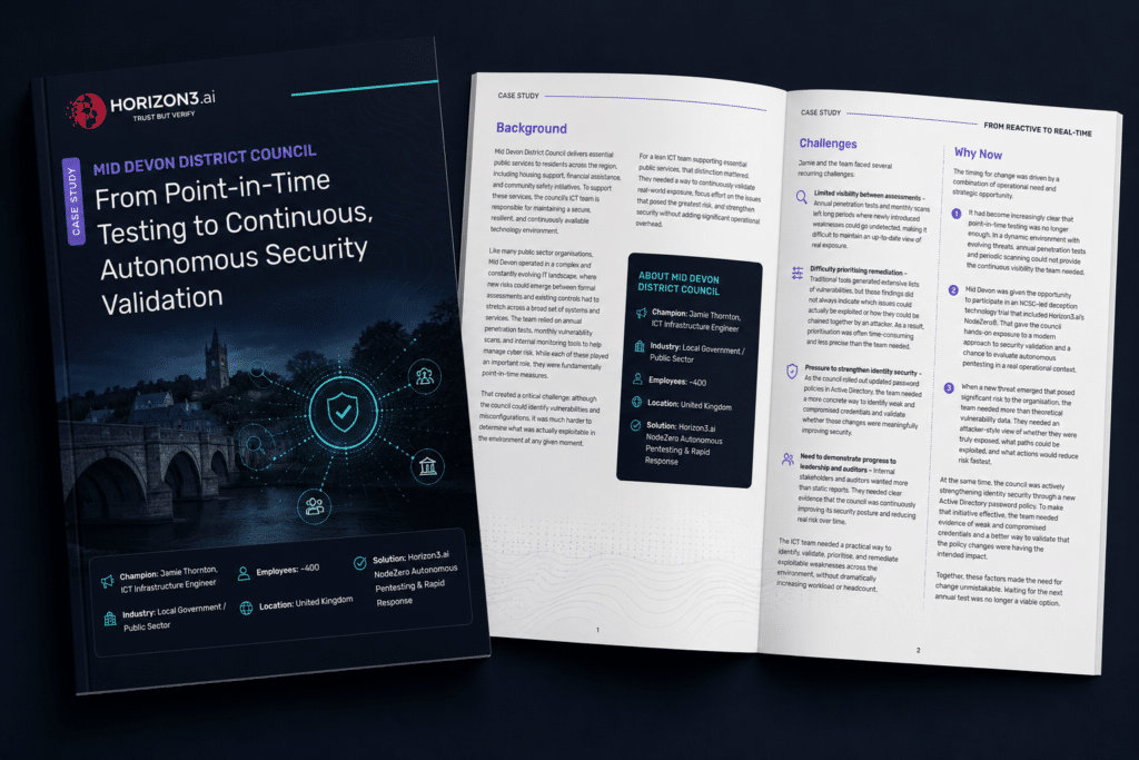 Horizon3.ai customer story booklet for Mid Devon District Council focused on continuous security validation and autonomous pentesting
