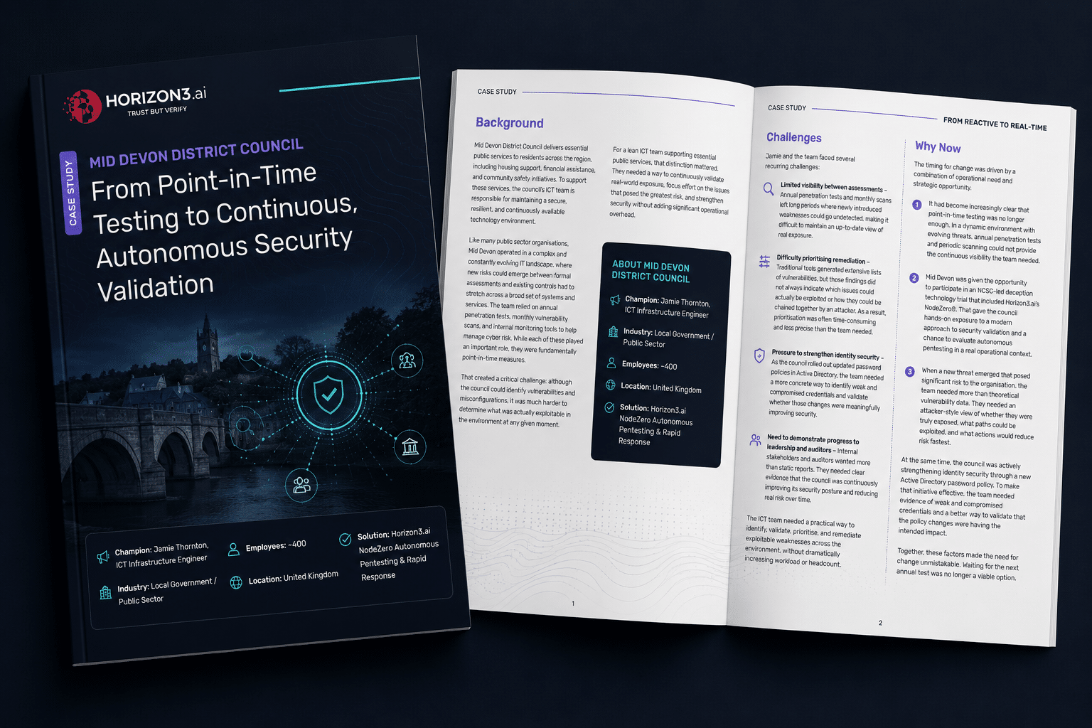 Horizon3.ai customer story booklet for Mid Devon District Council focused on continuous security validation and autonomous pentesting