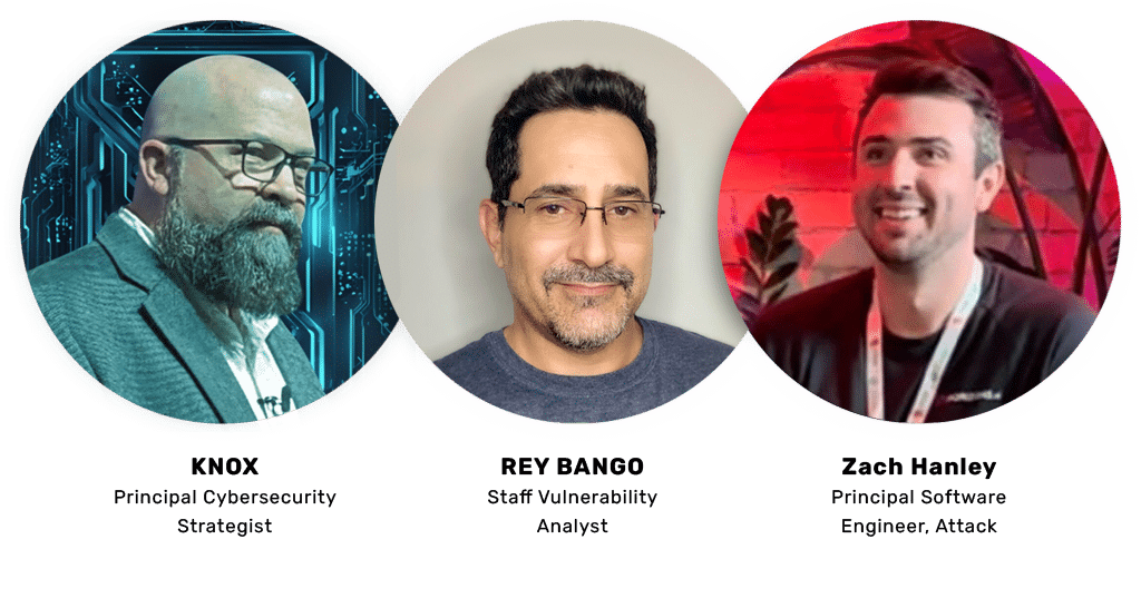 Speaker lineup featuring Knox, Rey Bango, and Zach Hanley discussing AI-driven vulnerability research and offensive security