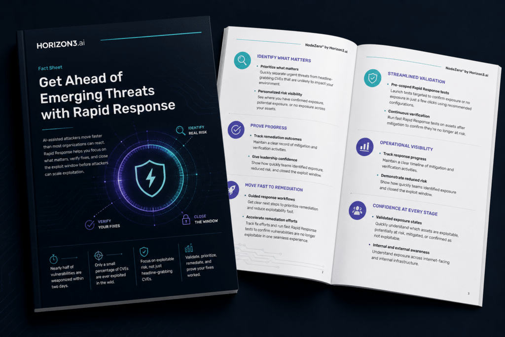 3D mockup of the Horizon3.ai Rapid Response factsheet highlighting emerging threat validation and exploitability risk assessment