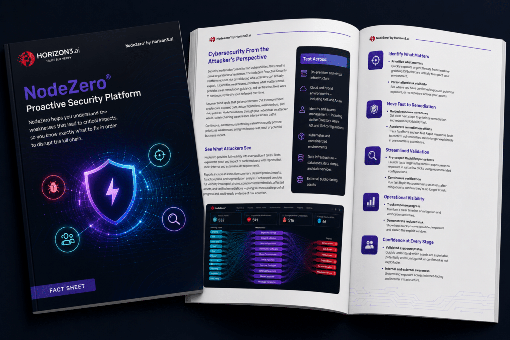 Cover of the NodeZero® Proactive Security Platform factsheet describing autonomous pentesting, exploitability validation, and continuous security validation.