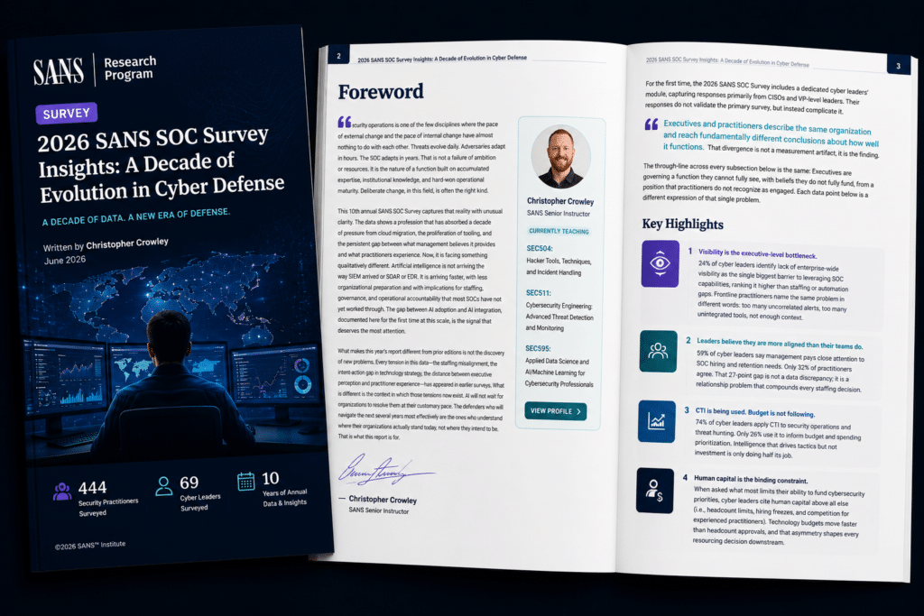 2026 SANS SOC Survey report highlighting AI adoption, security operations trends, and key findings for modern SOC teams.