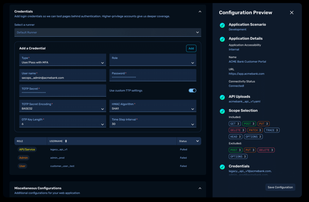 NodeZero WebApp configuration for authenticated web application security validation using application credentials.