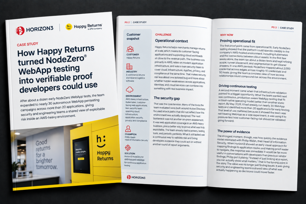 Happy Returns customer story about using NodeZero WebApp to validate exploitable application risk and give developers actionable security evidence.