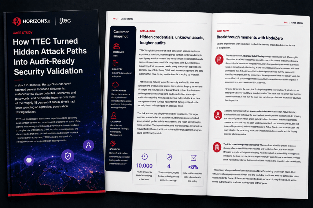 TTEC customer story about using NodeZero autonomous pentesting to uncover hidden attack paths and strengthen audit-ready security validation.