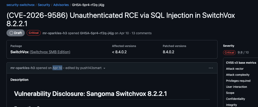 April 2026 disclosure report for the Sangoma Switchvox vulnerability CVE-2026-9586