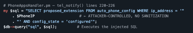Switchvox PhoneAppsHandler code showing the SQL injection sink in tel_notify