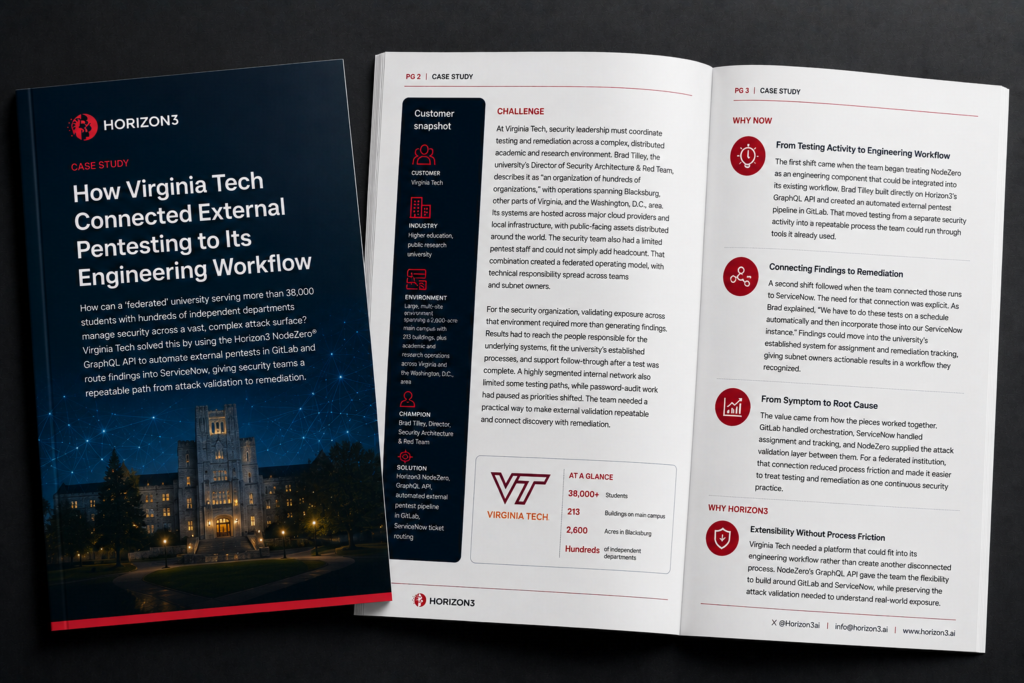 Virginia Tech customer story about integrating NodeZero with GitLab and ServiceNow to automate external pentesting and remediation workflows.
