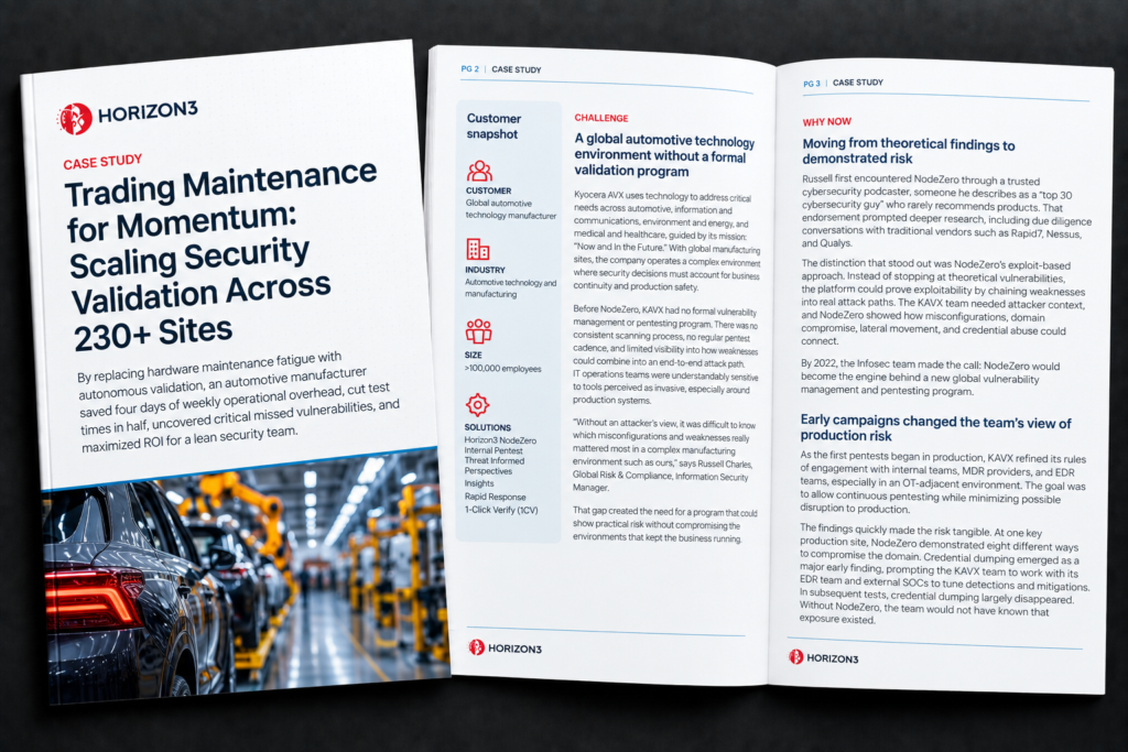 Customer story about a global automotive manufacturer using NodeZero to scale security validation across more than 230 sites.