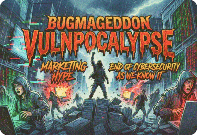 Bugmageddon Vulnpocalypse cybersecurity graphic featuring hackers, digital threats, and the end of cybersecurity as we know it.