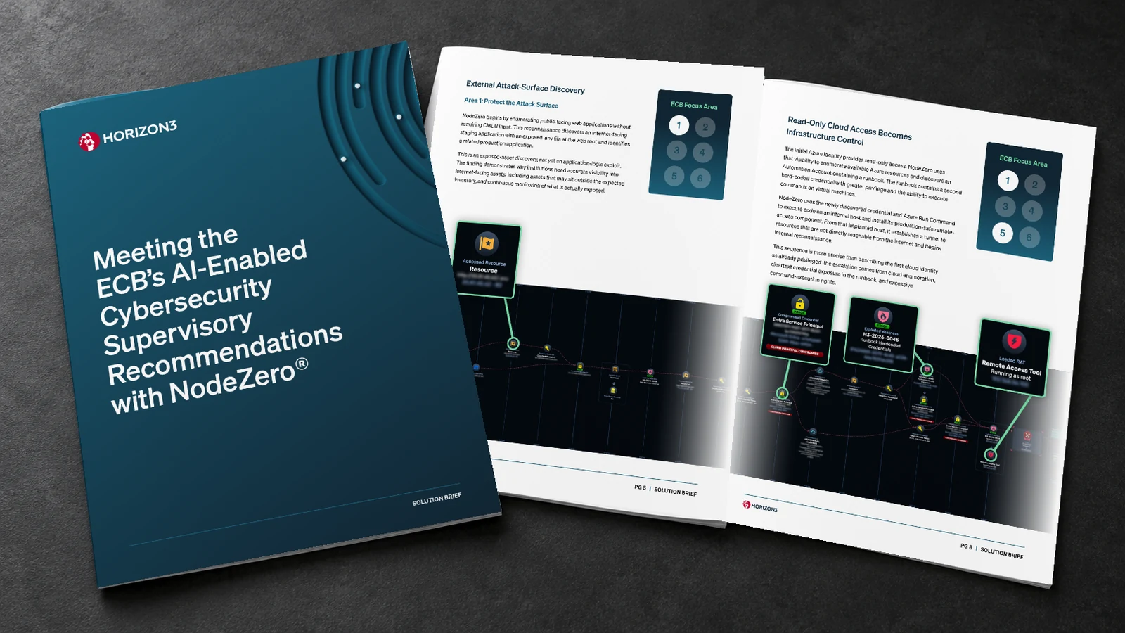 Mockup of the ECB cybersecurity solution brief showing the cover and two NodeZero attack-path walkthrough pages.
