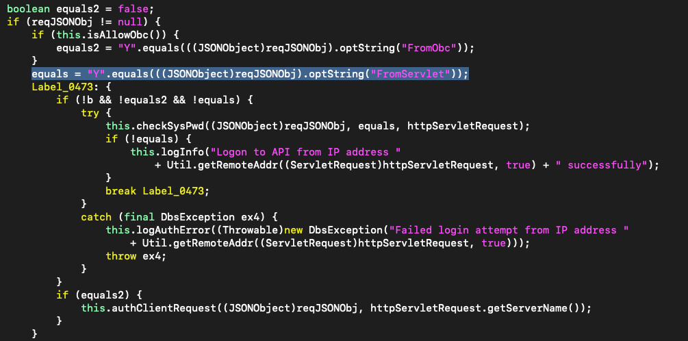 Java code in JSONApi.execute() showing the FromServlet flag and the conditional checkSysPwd() credential validation.