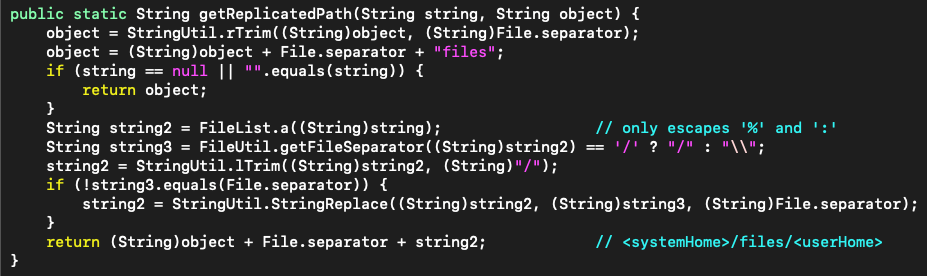 Java getReplicatedPath() code showing how an attacker-controlled directory value is appended to the replication file path.