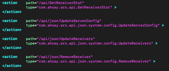 Struts configuration mapping Replication Receiver API routes to Java action classes, including UpdateReceivers and RemoveReceiver.