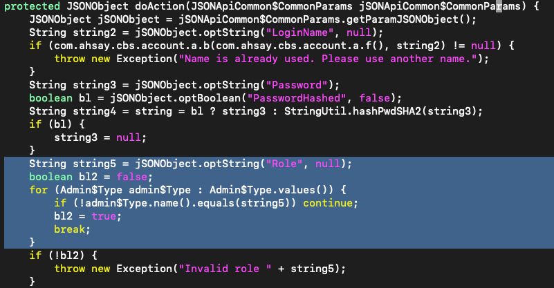 Java AddSysUser code reading LoginName, Password, and Role from JSON and validating the requested administrator role.
